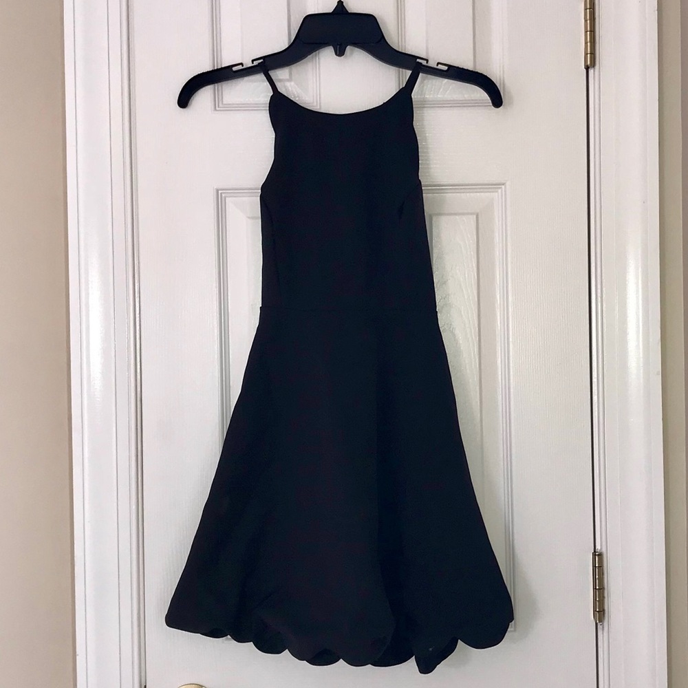 Cross Open Back Scalloped Hem Black Cocktail Dress